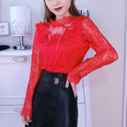 Chemisier Femme Manches Longues Dentelle Nœud Doux Floral Creux Chemisiers Dentelle T-shirt Maille Blusas Printemps Hauts Femmes X01F