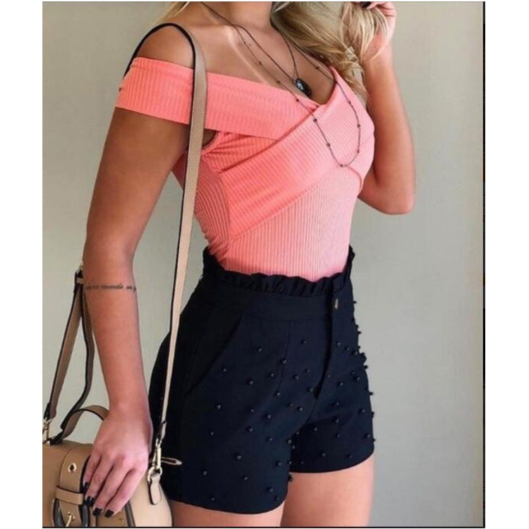 Shorts femmes style explosif, perles pistolet couleur unie shorts sexy femme