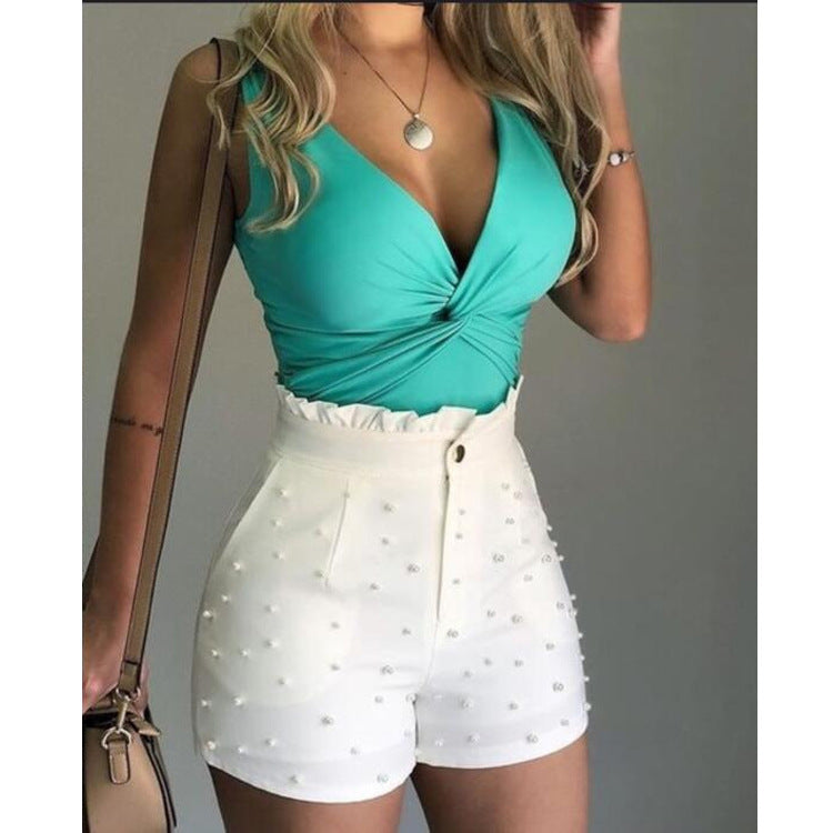 Shorts femmes style explosif, perles pistolet couleur unie shorts sexy femme