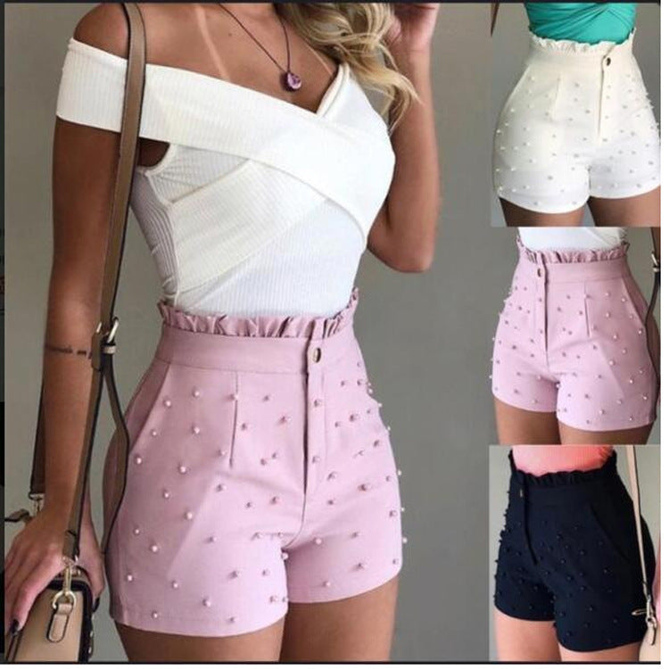 Shorts femmes style explosif, perles pistolet couleur unie shorts sexy femme