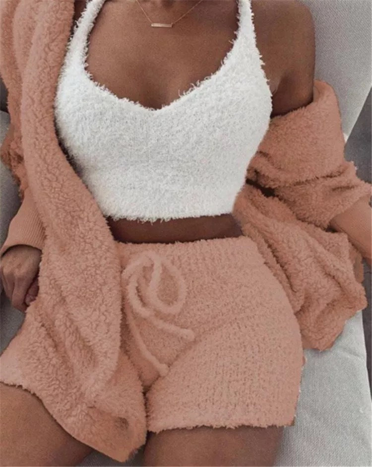Ensemble pyjama sexy pour femme, tenue décontractée d'intérieur pour l'hiver, débardeur court à manches longues exposant le nombril et short, ensemble doux et chaud