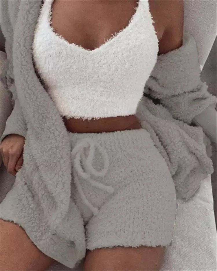 Ensemble pyjama sexy pour femme, tenue décontractée d'intérieur pour l'hiver, débardeur court à manches longues exposant le nombril et short, ensemble doux et chaud