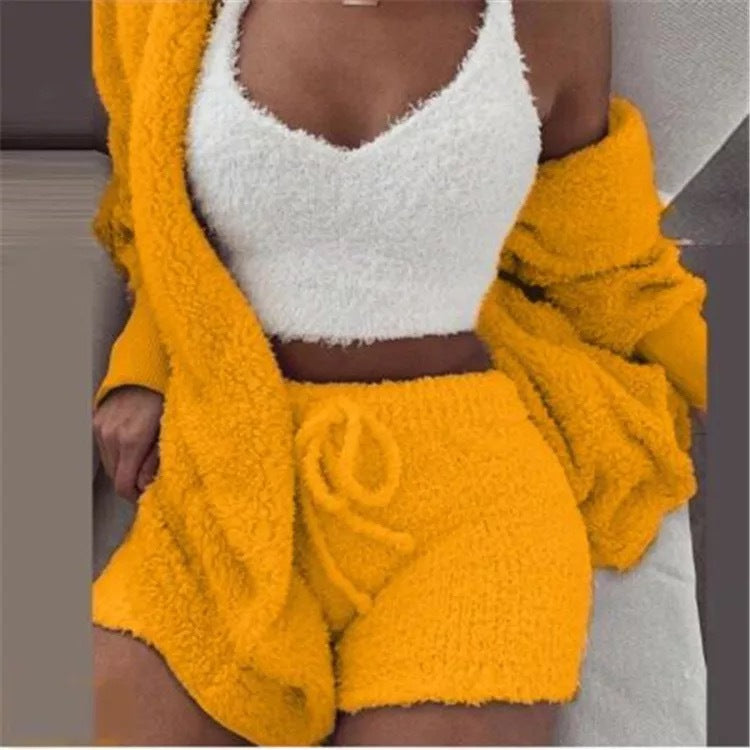 Ensemble pyjama sexy pour femme, tenue décontractée d'intérieur pour l'hiver, débardeur court à manches longues exposant le nombril et short, ensemble doux et chaud