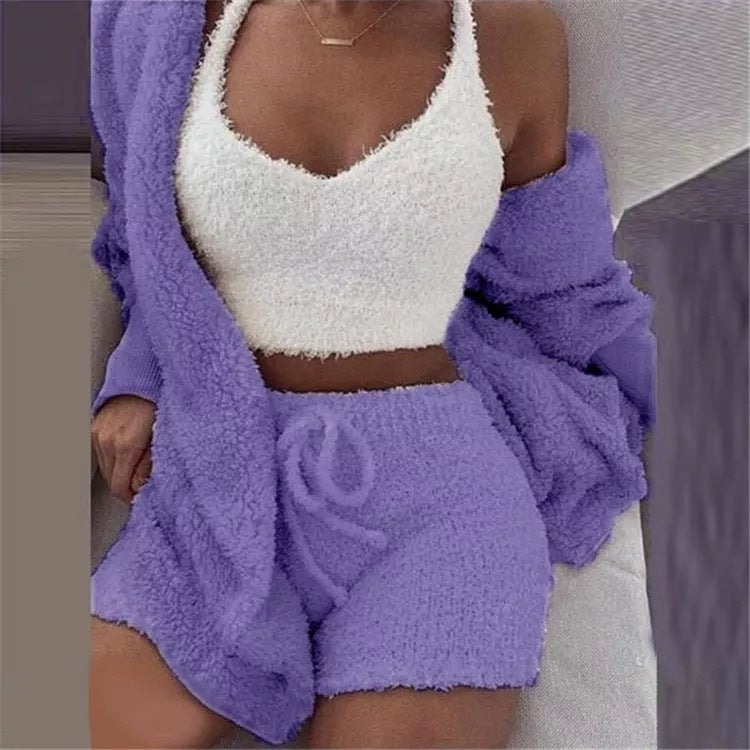 Ensemble pyjama sexy pour femme, tenue décontractée d'intérieur pour l'hiver, débardeur court à manches longues exposant le nombril et short, ensemble doux et chaud