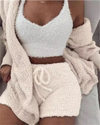 Ensemble pyjama sexy pour femme, tenue décontractée d'intérieur pour l'hiver, débardeur court à manches longues exposant le nombril et short, ensemble doux et chaud