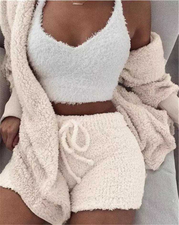 Ensemble pyjama sexy pour femme, tenue décontractée d'intérieur pour l'hiver, débardeur court à manches longues exposant le nombril et short, ensemble doux et chaud