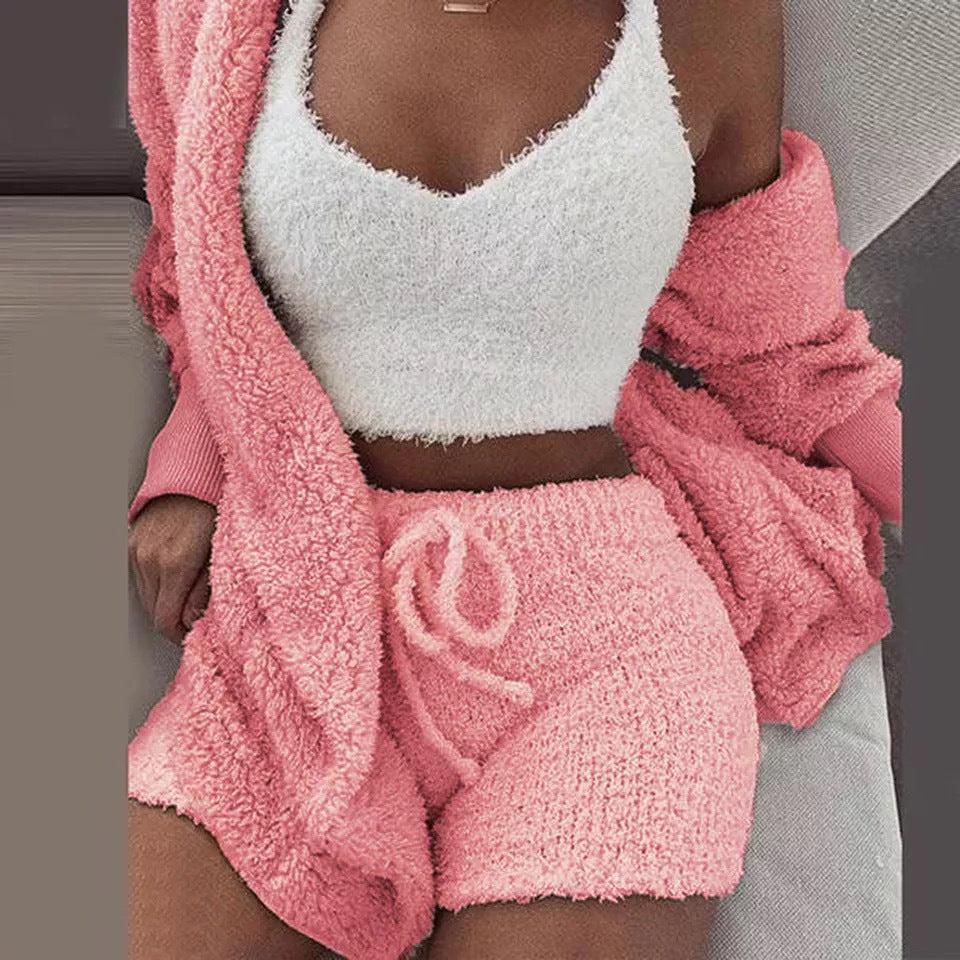 Ensemble pyjama sexy pour femme, tenue décontractée d'intérieur pour l'hiver, débardeur court à manches longues exposant le nombril et short, ensemble doux et chaud