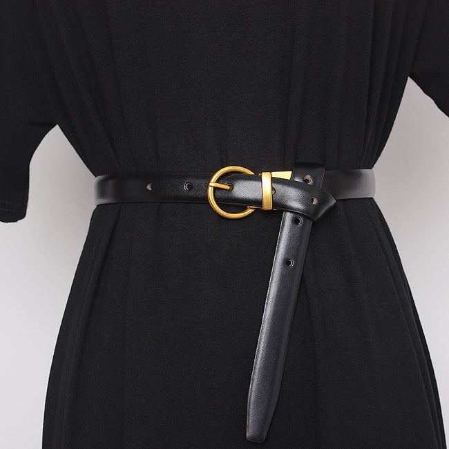 Ceinture semi-ronde rétro pour femmes, ceinture décorative pour femmes, cuir de vachette double face, couvres-taille et pantalons exquis et polyvalents Hover Image