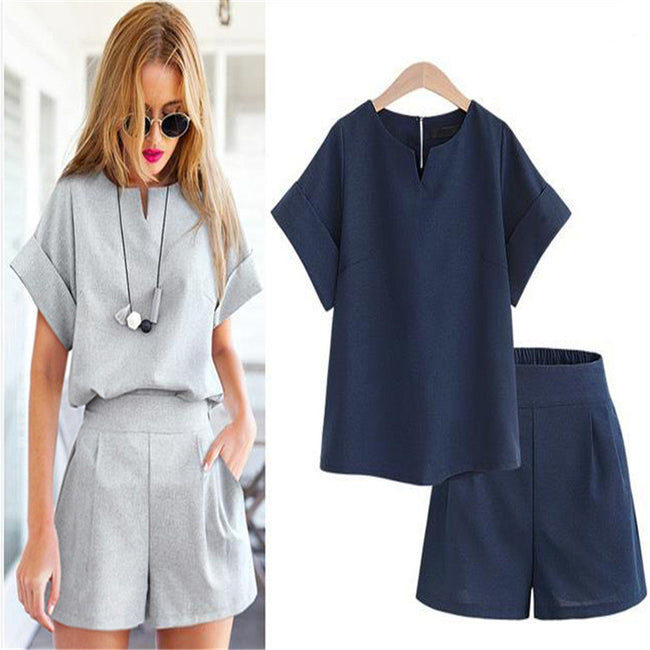 Ensemble tailleur short à manches courtes, pour femmes rondes, décontracté, pour l'été Main Image