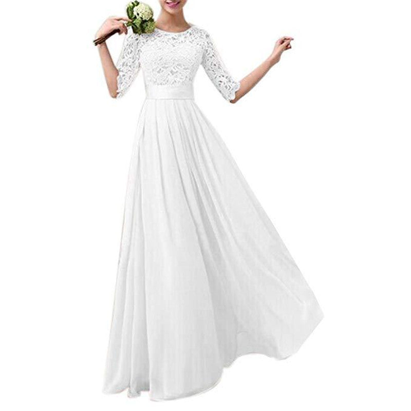 Robe de soirée de banquet en mousseline de soie à manches cinq points et dentelle pour mariage