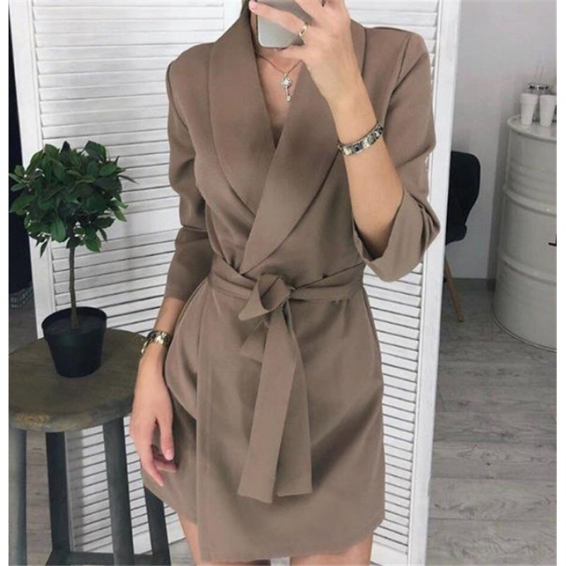 Long Sleeve Notched Collar Solid Casual Elegant Dress