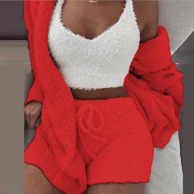 Ensemble pyjama sexy pour femme, tenue décontractée d'intérieur pour l'hiver, débardeur court à manches longues exposant le nombril et short, ensemble doux et chaud