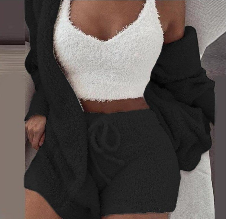 Ensemble pyjama sexy pour femme, tenue décontractée d'intérieur pour l'hiver, débardeur court à manches longues exposant le nombril et short, ensemble doux et chaud