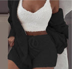 Ensemble pyjama sexy pour femme, tenue décontractée d'intérieur pour l'hiver, débardeur court à manches longues exposant le nombril et short, ensemble doux et chaud