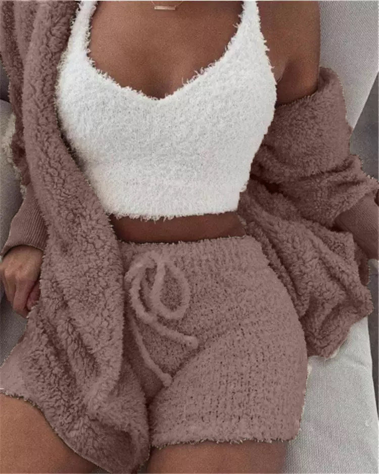 Ensemble pyjama sexy pour femme, tenue décontractée d'intérieur pour l'hiver, débardeur court à manches longues exposant le nombril et short, ensemble doux et chaud