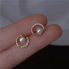 Boucles d'oreilles clous simples en forme de C pour femmes, bijoux exquis en perles et cristaux ronds