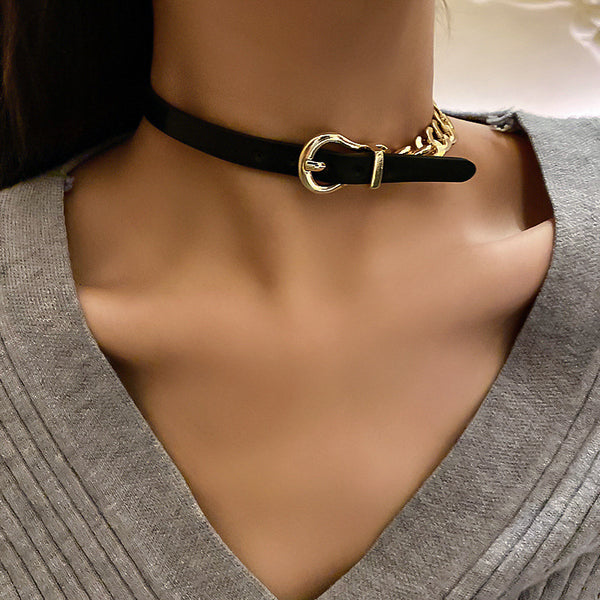 Colliers ras du cou FYUAN pour femmes, chaîne dorée courte, en cuir noir, avec bouton, bijoux tendance