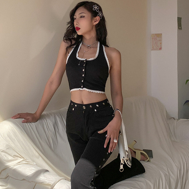 Gilet court à col boutonné sexy, dos beauté, nombril, pour femme