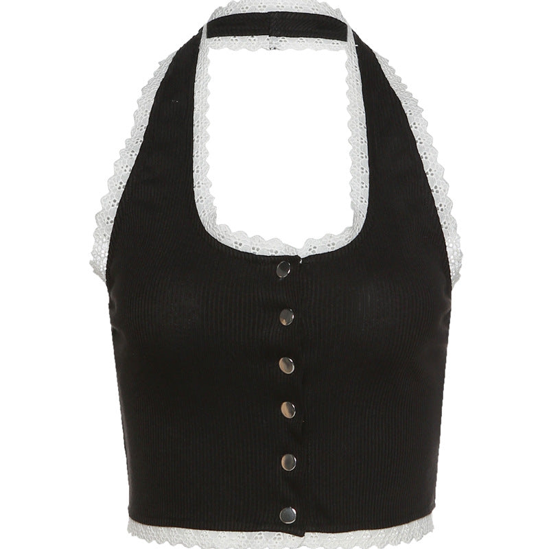 Gilet court à col boutonné sexy, dos beauté, nombril, pour femme