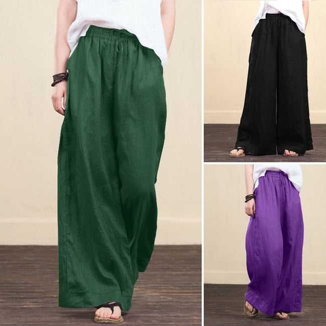 Pantalon large en coton et lin pour femme, coupe ample Hover Image