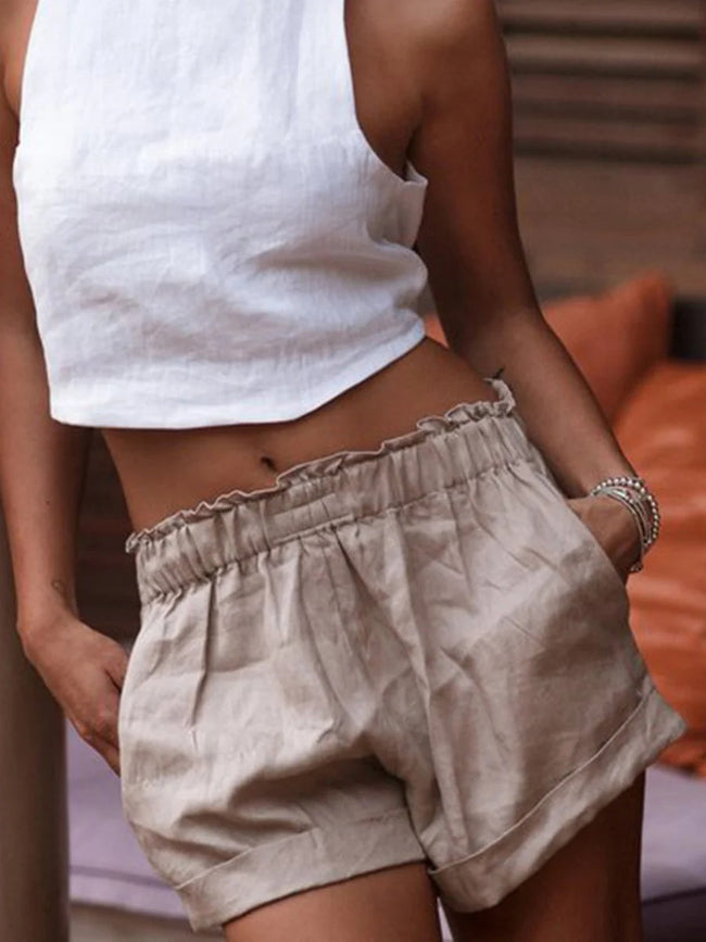 Short en coton et lin uni pour femme Main Image