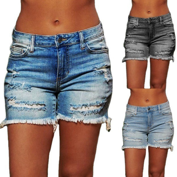 Nouveau style déchiré frangé haute extensibilité shorts en jean pour femmes Hover Image