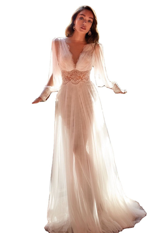 Long Sleeve Wedding Dress Long V-neck Lace Mesh Long Skirt Dress Hover Image
