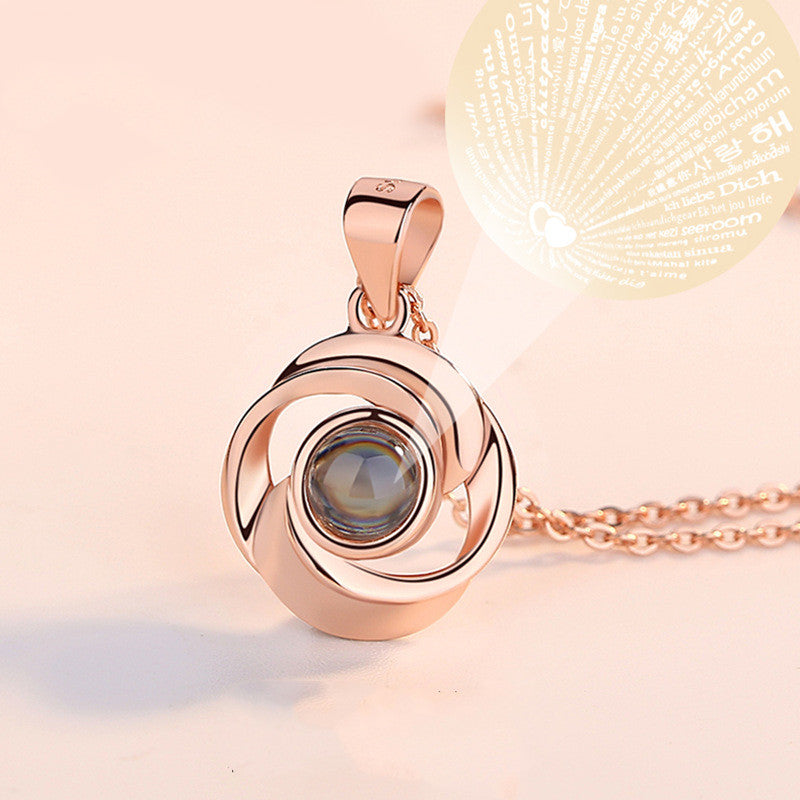 Colliers pendentifs fleur rose en argent sterling 925 pour femmes, collier tendance projection 100 langues AMOUR, bijoux faits à la main