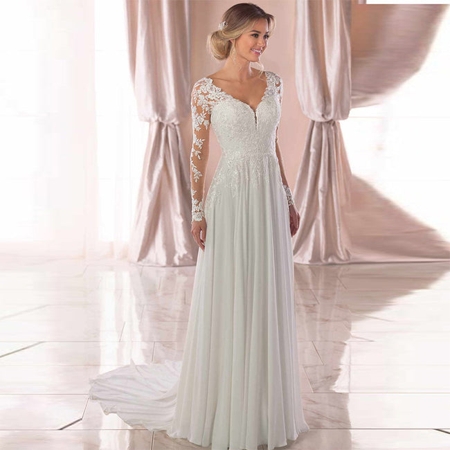 Sexy Backless Deep V-neck Wedding Dress Women White Evening Dress Main Image