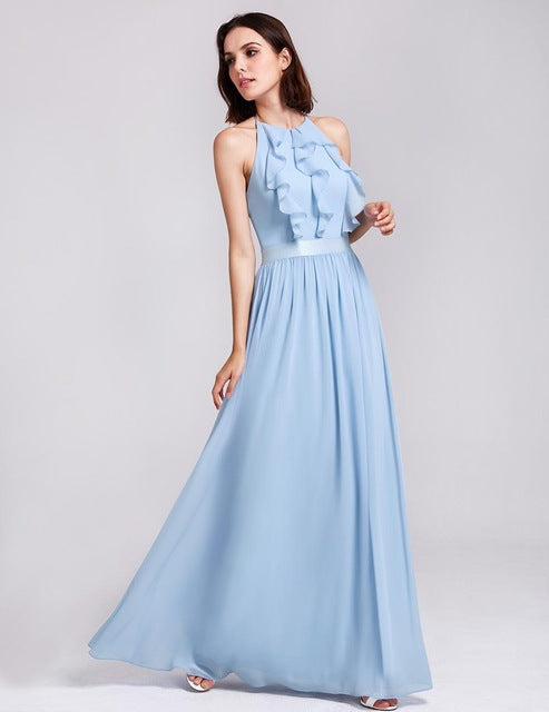 Robe longue de demoiselle d'honneur en mousseline de soie Hover Image