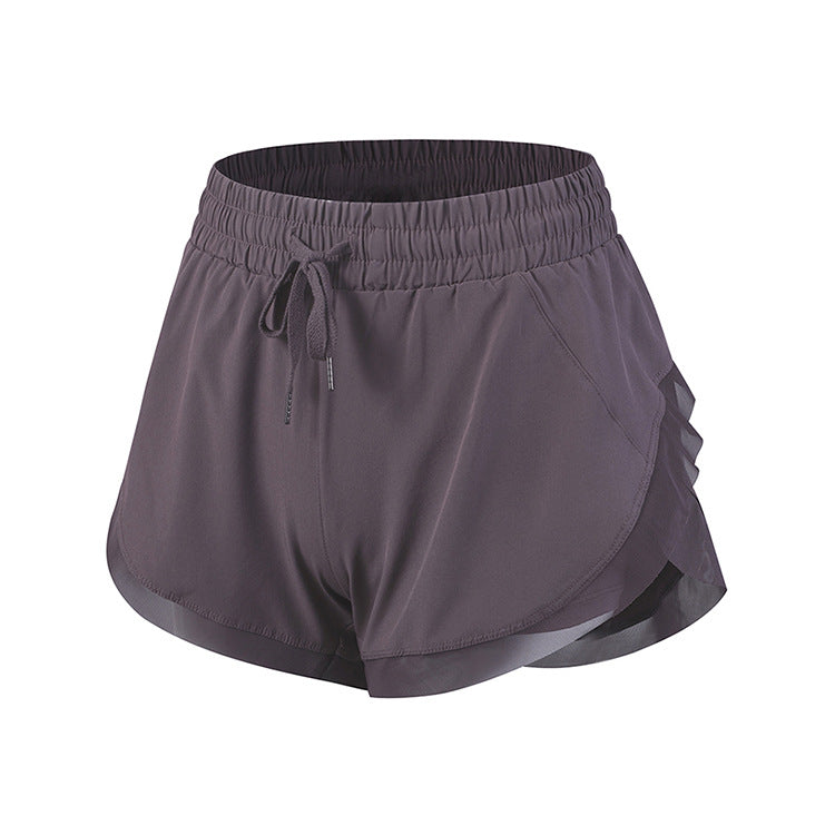 Short de fitness femme faux deux pièces taille haute extensible