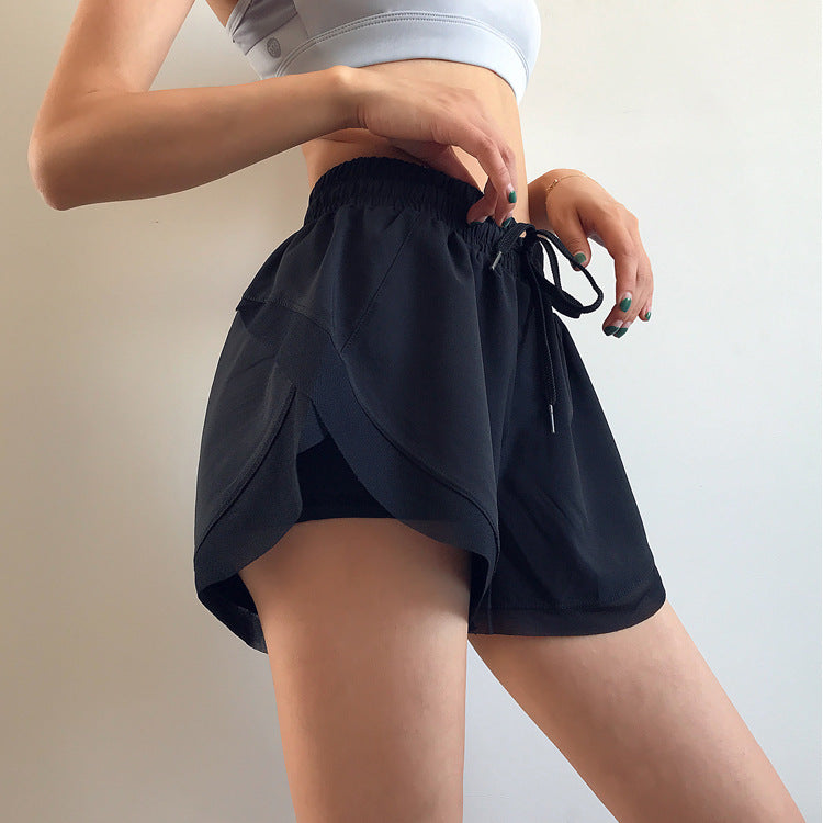 Short de fitness femme faux deux pièces taille haute extensible