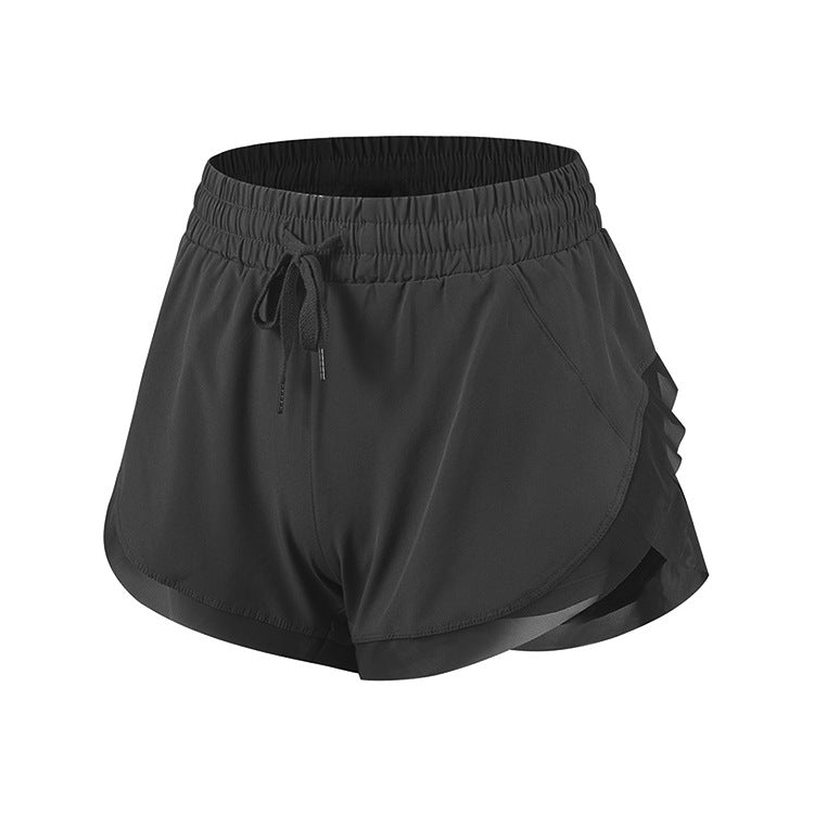 Short de fitness femme faux deux pièces taille haute extensible