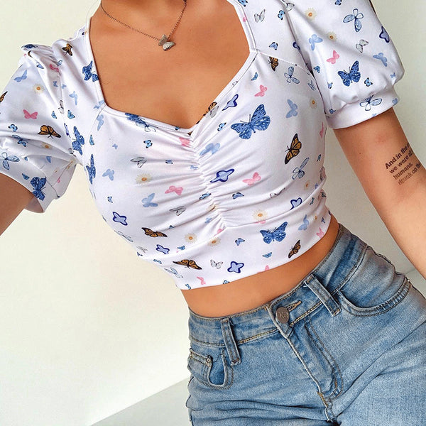 T-shirt Femme Col V Manches Bouffantes Imprimé Papillons