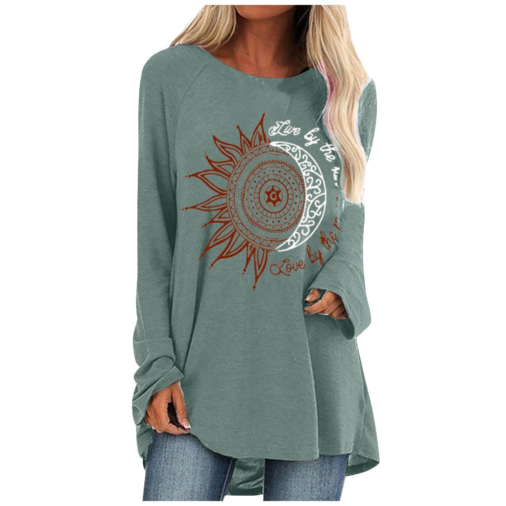 Loose round neck sun flower letter print long sleeve T-shirt