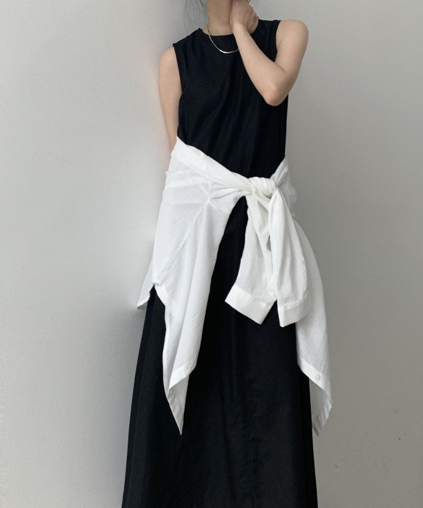 Robe longue en coton et lin unie sans manches à col rond