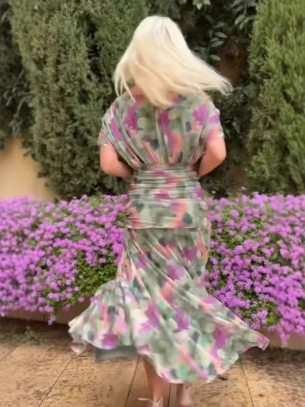 Robe longue d'été en mousseline à manches courtes, imprimé floral, col en V, pour femmes Main Image
