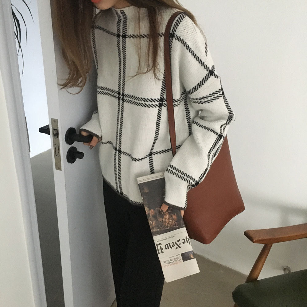 Pull tricoté à col montant en tissu écossais, pour femme