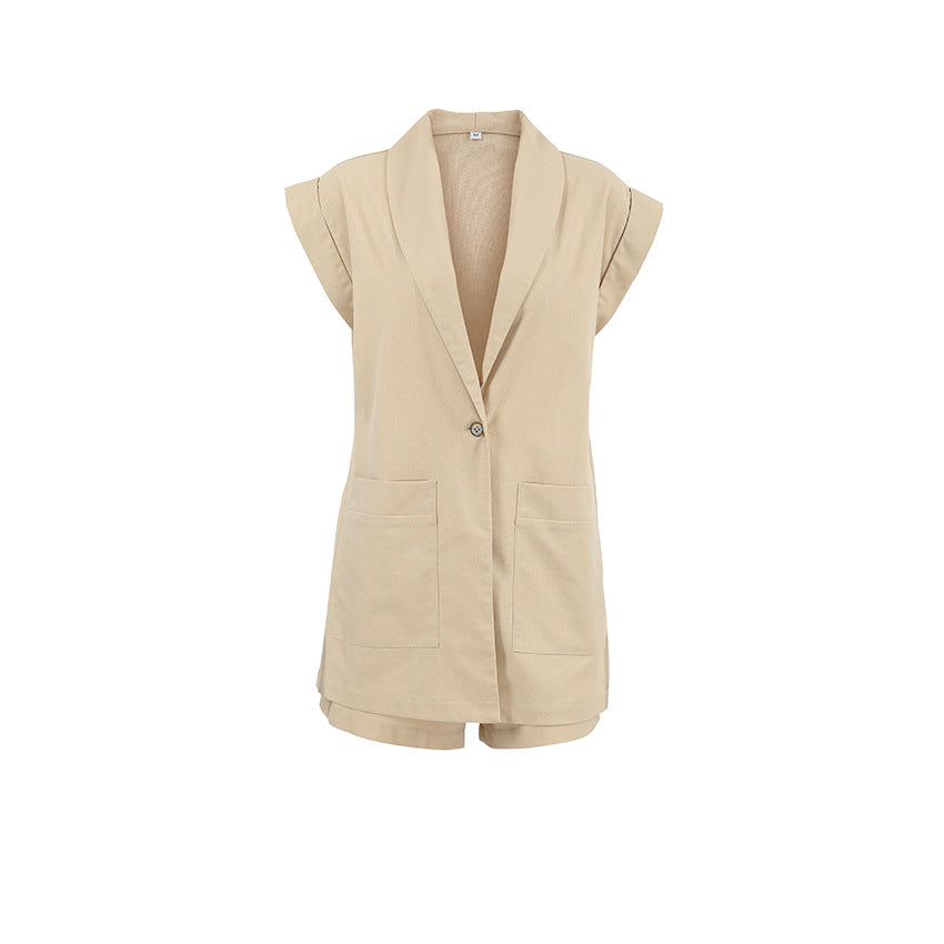 Ensemble deux pièces décontracté femme, haut et short sans manches, col tailleur, style britannique, en coton et lin