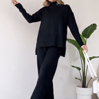 Ensemble tricoté col roulé, haut fendu ample à manches longues et pantalon droit, mode décontractée, couleur unie, vêtements pour femmes.