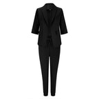Ensemble tailleur à manches longues de couleur unie pour femme - Blazer élégant à revers cranté avec poches et pantalon à taille élastique, tenue décontractée chic pour le printemps et l'automne