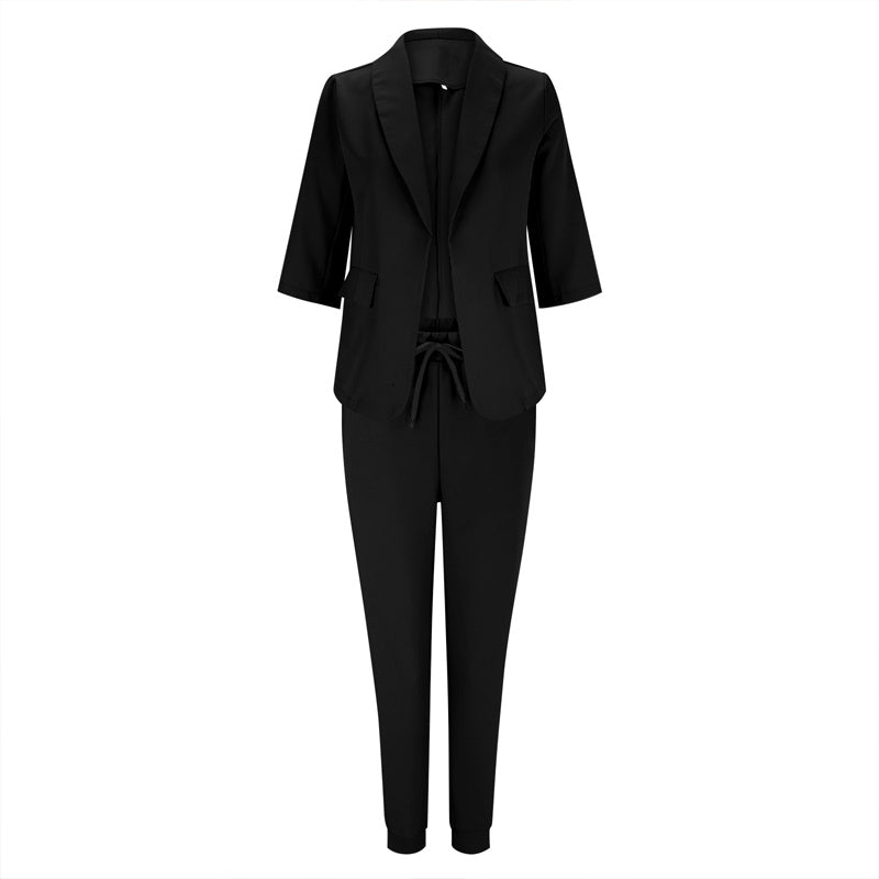 Ensemble tailleur à manches longues de couleur unie pour femme - Blazer élégant à revers cranté avec poches et pantalon à taille élastique, tenue décontractée chic pour le printemps et l'automne