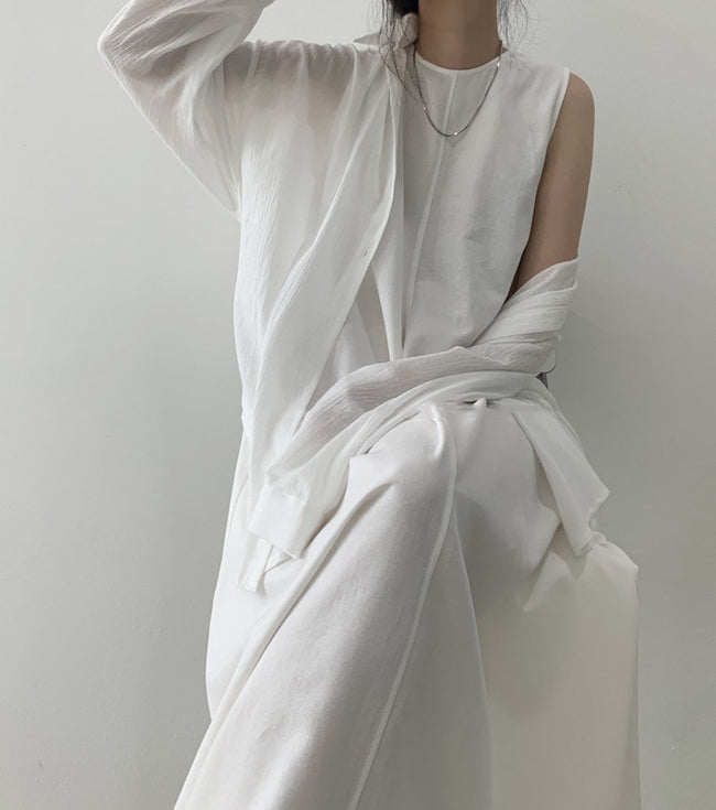 Robe longue en coton et lin unie sans manches à col rond Main Image