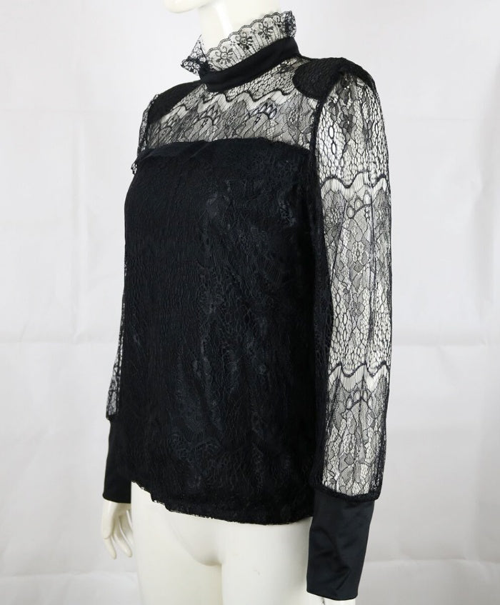 Mode Décontractée Femme Blouses Manches Longues Transparentes Hauts Chemisier en Dentelle Florale Chemise Haut Chemisier Noir Col Roulé