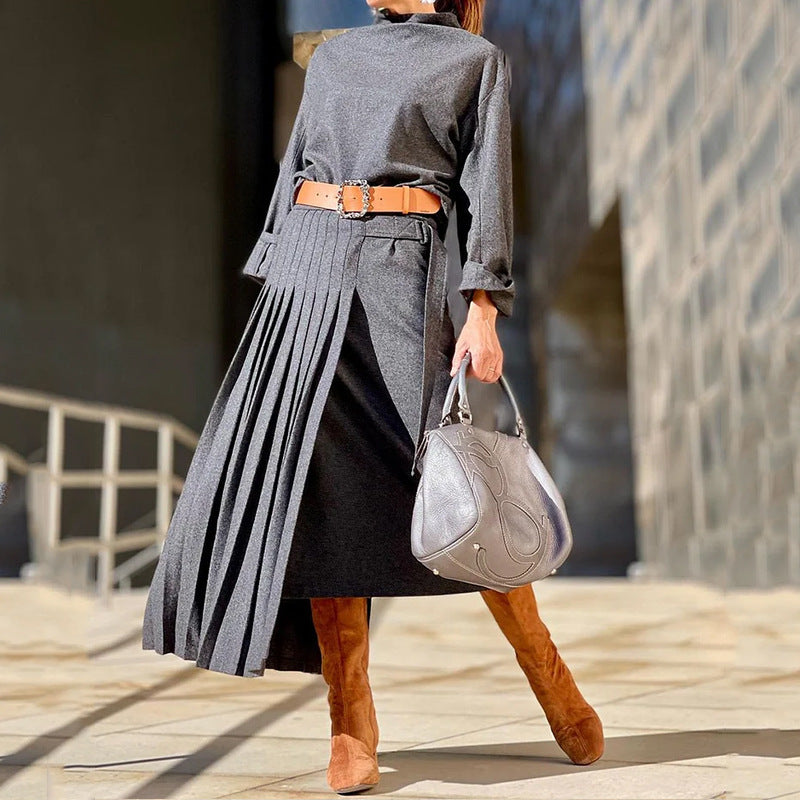 Ensemble deux pièces robe et manches longues de couleur unie pour femme, nouvelle collection automne