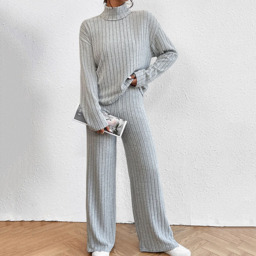 Ensemble deux pièces de pull et pantalon ample en tricot à col roulé à manches longues pour femme, collection automne-hiver