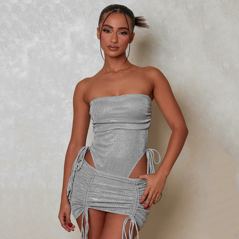 Ensemble deux pièces tendance jupe à lacets avec cordon de serrage, coupe ajustée, collection printemps