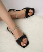 Sandales d'été à talon mi-haut et épais avec nœud et strass pour femme