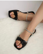 Sandales d'été à talon mi-haut et épais avec nœud et strass pour femme