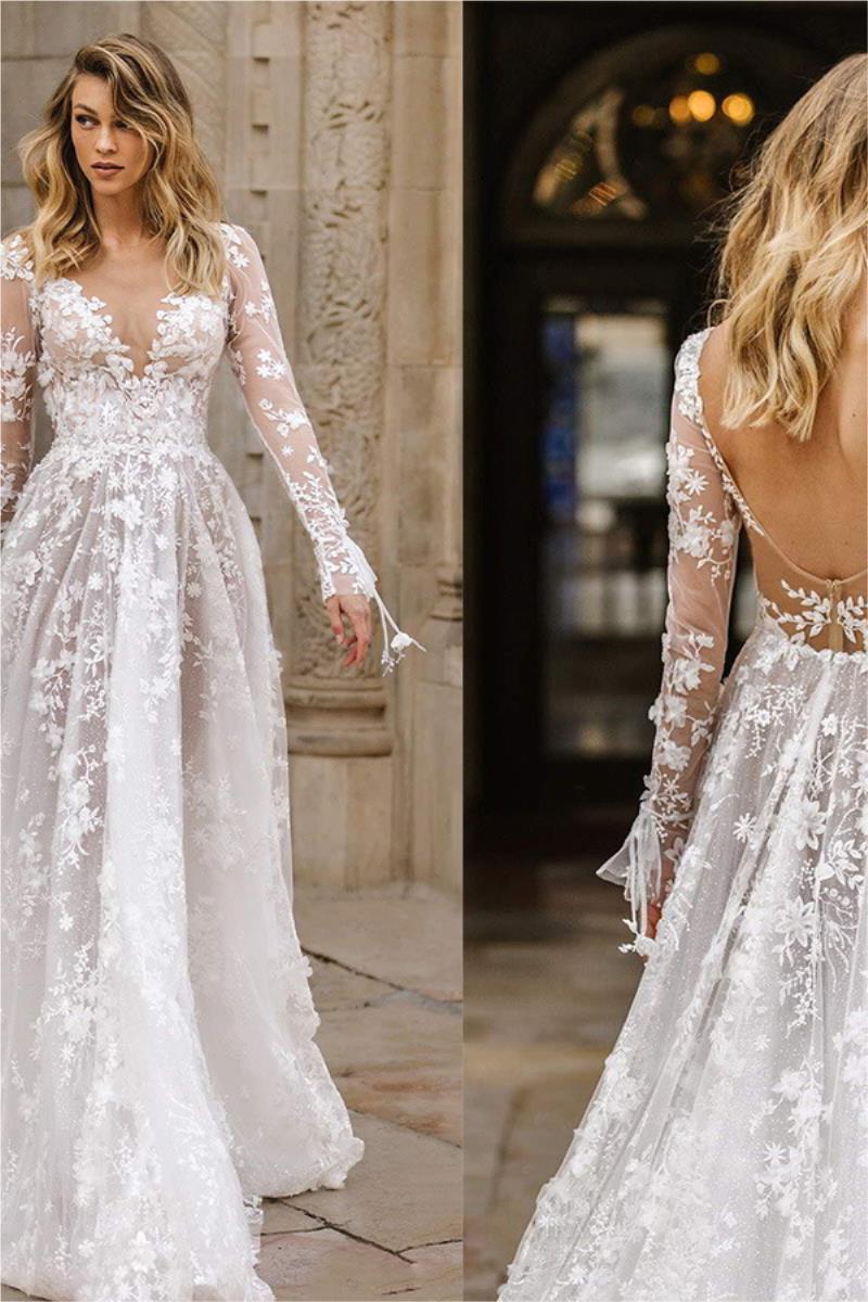 Robe de mariée sexy en dentelle à manches longues, robe de soirée